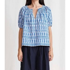 A Piece Apart Women Large Esparta Short Sleeve Shirt Gingham Ikat Blue Timeless